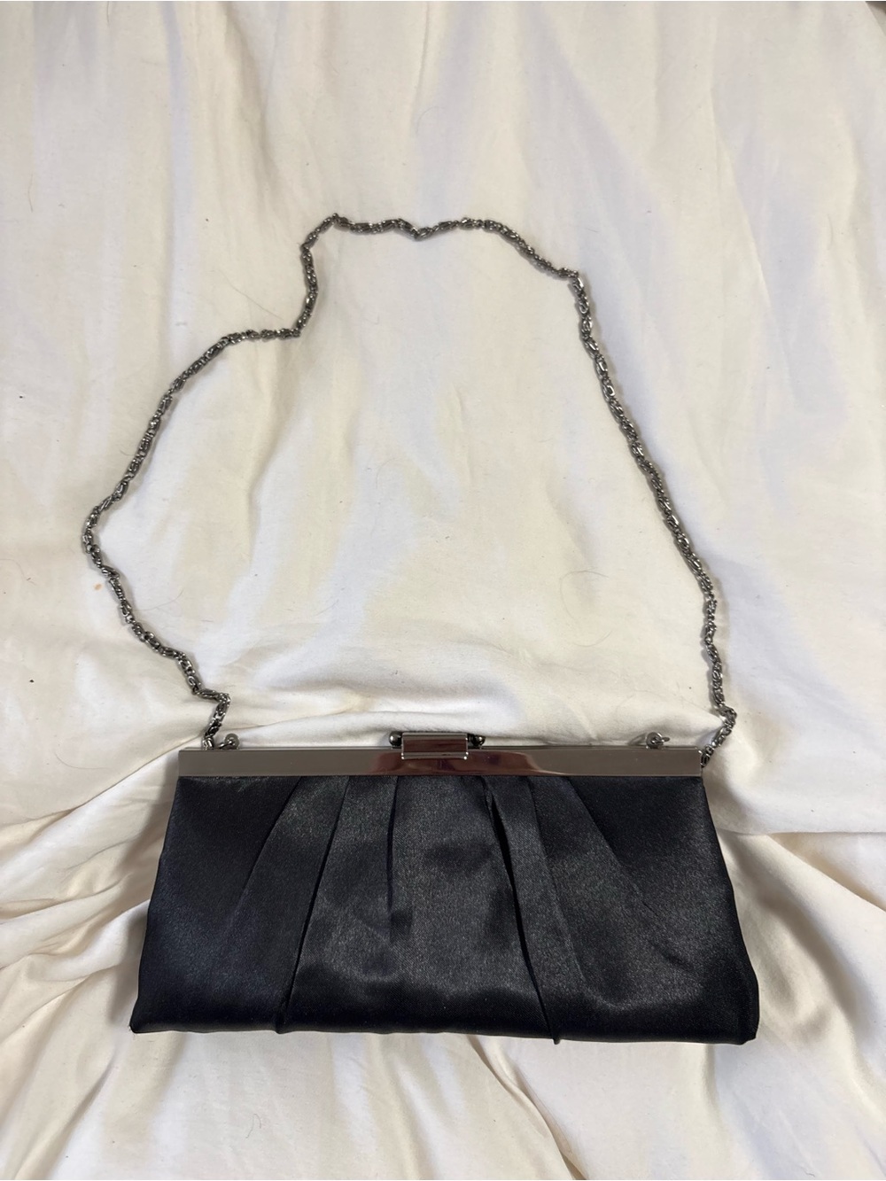 Jessica McClintock Black Satin Pleated Clutch with Silver Chain